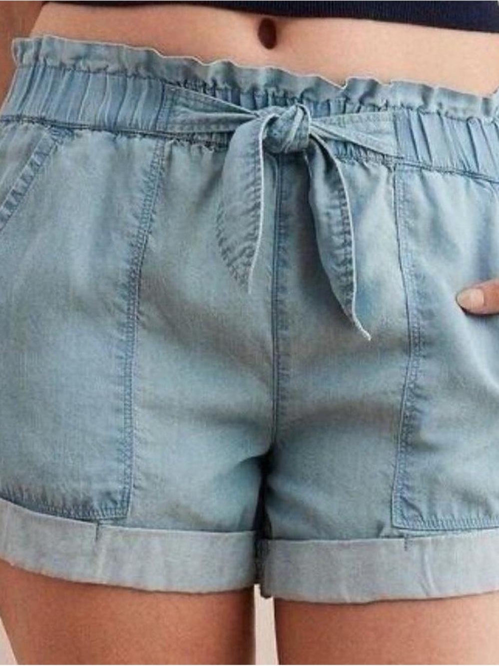 Aerie Light Blue Chambray High-Waist Tie Shorts
